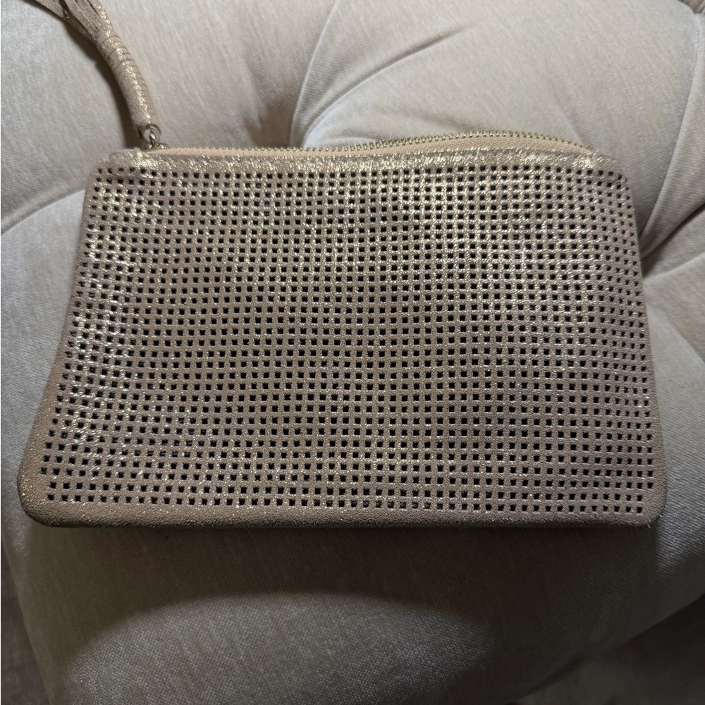Monserat De Lucca Metallic Cream Perforated Wristlet Clutch